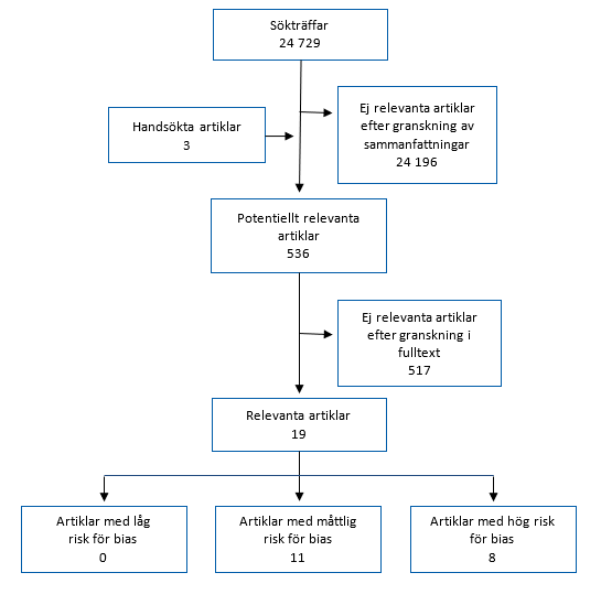 Flödesschema för urval av studier. Från början fann man 24 729 artikelsammanfattningar från litteratursökningarna. Efter granskning fann man 11 studier med låg eller måttlig risk för bias och 8 med hög risk för bias.